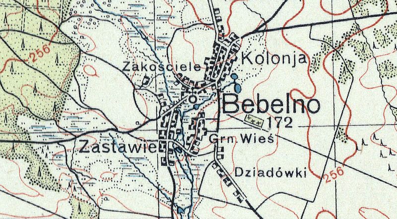 Bebelno na Mapie Taktycznej Polski z 1936 r. opracowanej przez Wojskowy Instytut Kartograficzny, skala 1:100 000, Warszawa 1936 r., słup 30, pas 45.