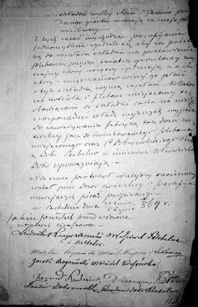Jedna ze stron Protokołu naradczego z 1869 roku w sprawie budowy nowej plebanii w Bebelnie (z podpisami uczestników).
