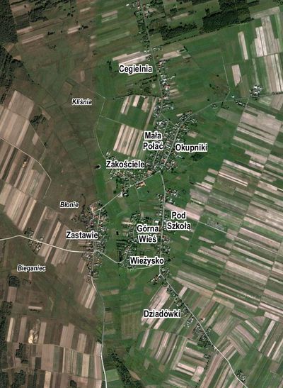 Orientacyjne rozmieszczenie niektórych części miejscowości i nazw miejscowych (kursywa) Bebelna, opr. własne, www.maps.google.com.
