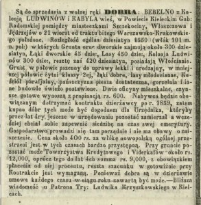 Opis dóbr Bebelno i Ludwinów w ogłoszeniu zamieszczonym w Kurjerze Warszawskim z 1855 roku. 