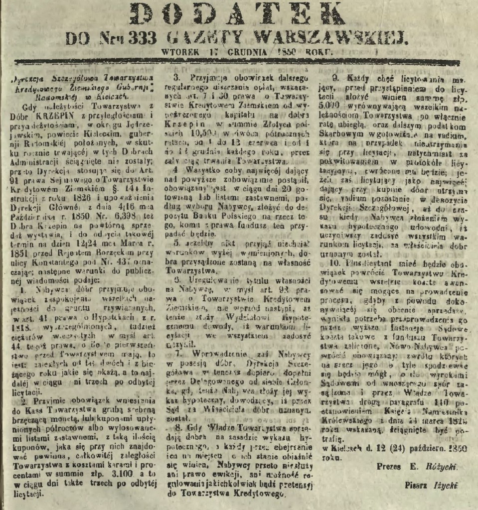 Ogłoszenie o ponownej licytacji majątku Krzepin zamieszczone w „Gazecie Warszawskiej” z 1850 r.