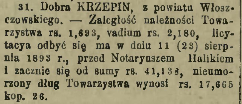 Ogłoszenie o licytacji majątku Krzepin zamieszczone w „Gazecie Warszawskiej” z 1893 roku.