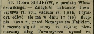 Fragment ogłoszenia o licytacji majątku Sulików zamieszczone w „Gazecie Warszawskiej” z 1893 roku.
