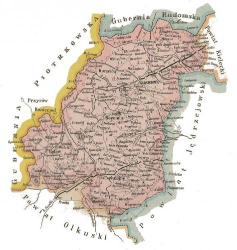 Powiat włoszczowski na początku XX w. J. M. Bazewicz, Atlas geograficzny ilustrowany Królestwa Polskiego, Warszawa 1907, s. 27.