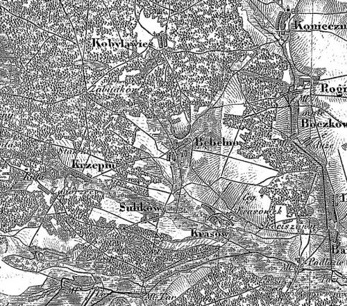 Miejscowości parafii Bebelno na Mapie topograficznej Królestwa Polskiego z 1839 roku. Kolumna 3, sektor 7 (Jędrzejów), skala 1:126 000.