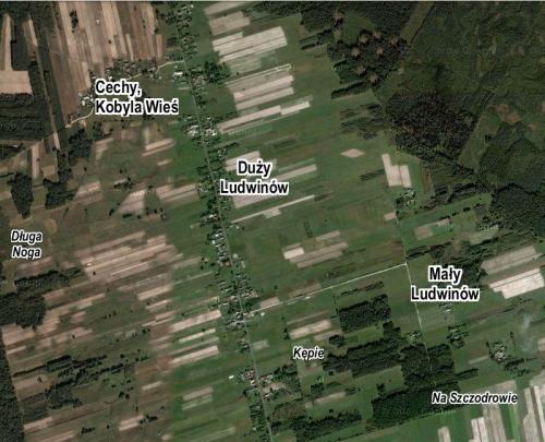 Orientacyjne rozmieszczenie niektórych części miejscowości i nazw miejscowych (kursywa) Ludwinowa, opr. własne, www.maps.google.com.